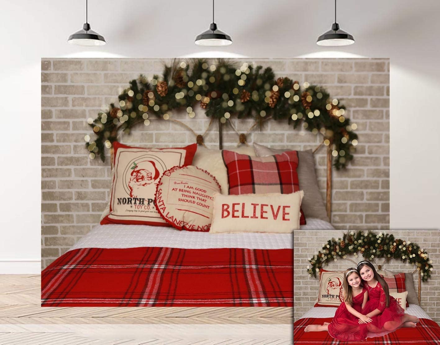 DANIU Merry Christmas Room Backdrop Bed Pillows Vintage Brick Wall Glitter Christmas Photography Backgroud-7x5ft