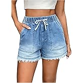 GORGLITTER Women's Wide Leg Denim Jean Shorts High Waisted Tassel Summer Shorts with Pocket