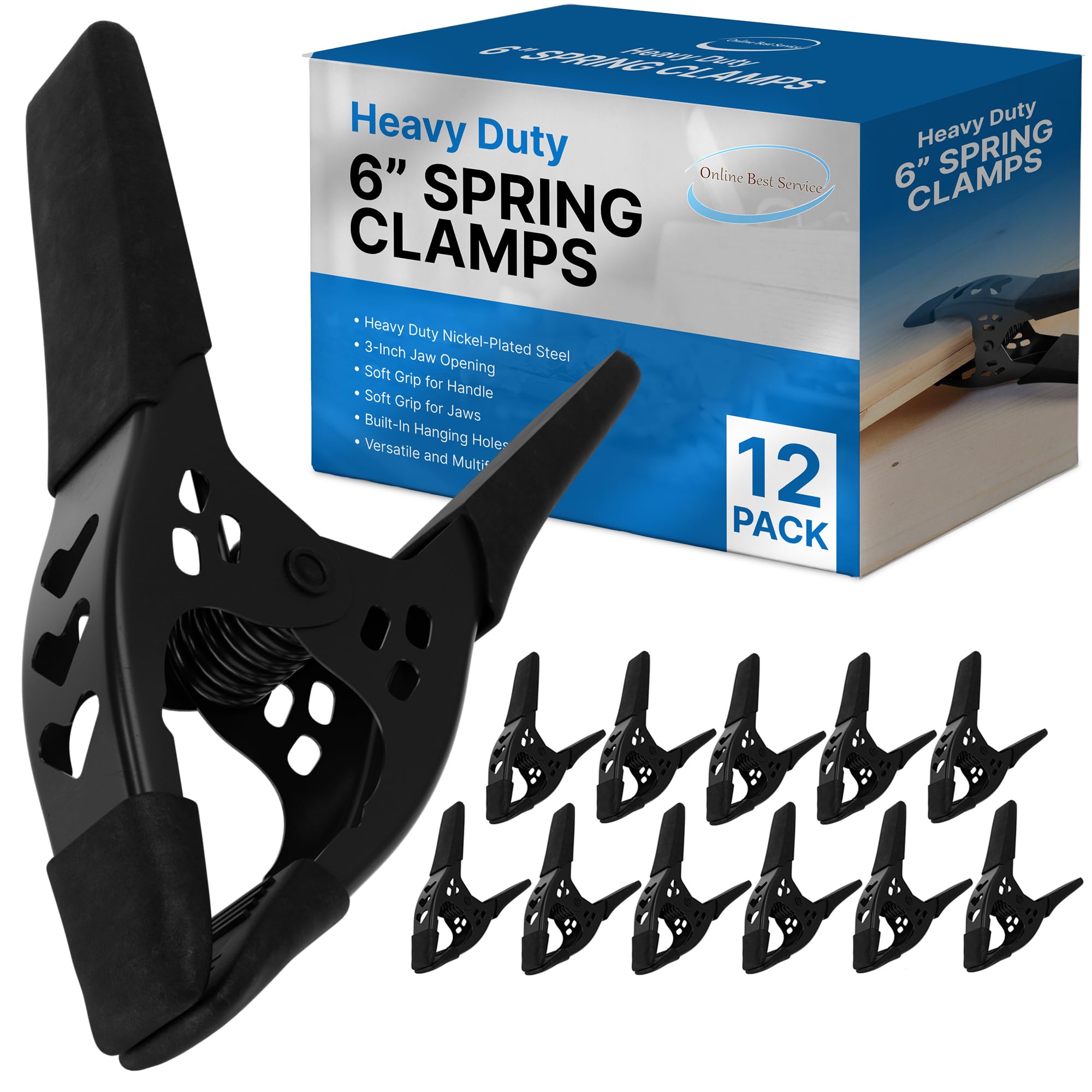 FactorDuty Lot of 12-6" inch Spring Clamp Large Super Heavy Duty Spring Metal All Black - 2.5 inch Jaw Opening