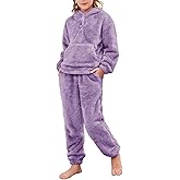 Flygo Girls 2 Piece Fuzzy Pants Sets Bear Ear Sweatshirt Hoodie Fleece Sweatpants Kids Fluffy Clothing Sets with Pockets