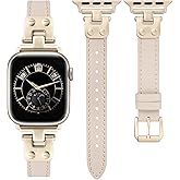 Minyee Slim Leather Band Compatible with Apple Watch Bands 38/40/41/42/44/45/46/49mm Women, Dressy Thin Soft Leather Strap with Tapered Metal Buckle for iWatch Series 11 10 9 8 7 6 5 4 SE/Ultra 3 2 1