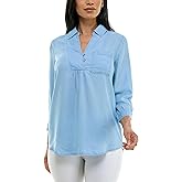 Zac & Rachel Womens Tencel Long Sleeve Pull Over Top with Front Chest Pocket, Collar Neck and Adjustable Button Up Neckline