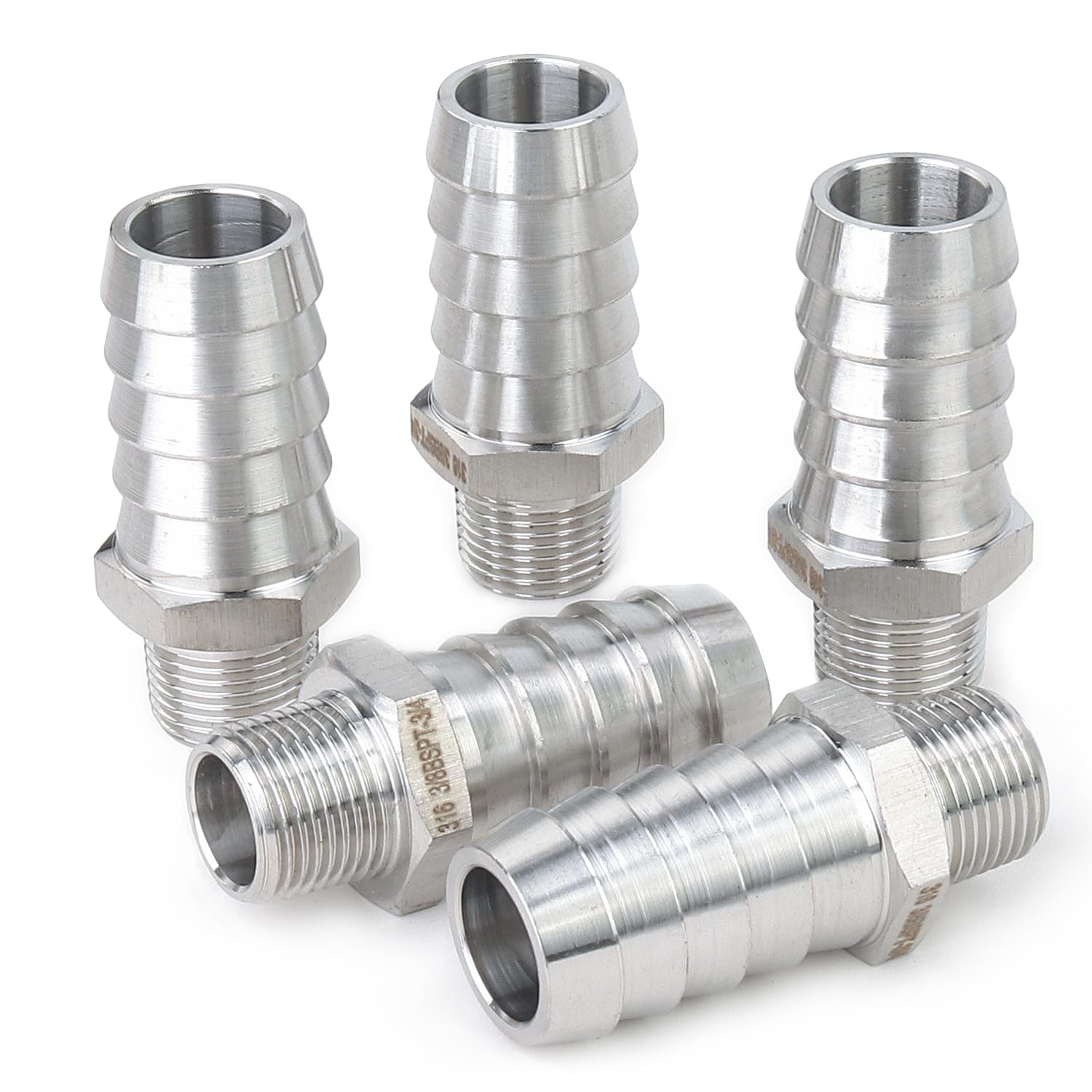 LTWFITTING Stainless Steel 316 Barbed Fitting Connector 3/8-Inch Male BSPT x 3/4-Inch(19mm) Hose Barb Fuel Gas (Pack of 5)