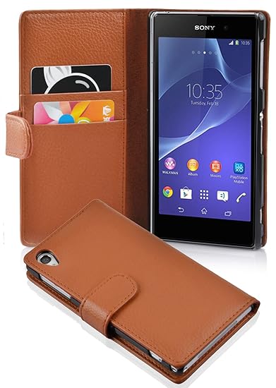 Cadorabo Hülle für Sony Xperia Z2 - Hülle in COGNAC BRAUN – Handyhülle mit Kartenfach aus struktriertem Kunstleder - Case Cov