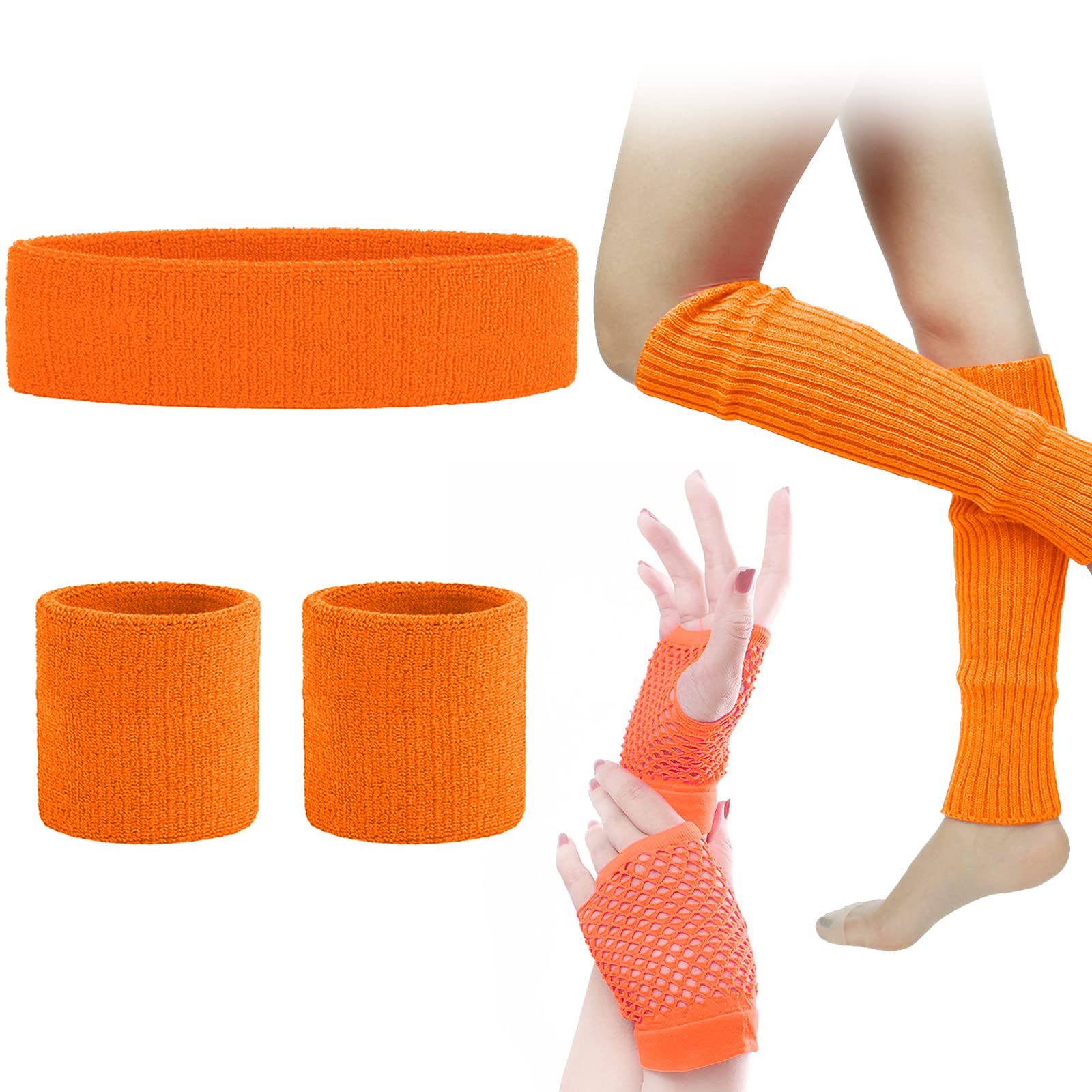 SPOKKI Leg Warmers Fishnet Gloves Headband Wristbands Neon Set, 80s Women Fancy Dress Costume Accessories, 1980s Retro Theme Party Costumes (Orange) — image 1