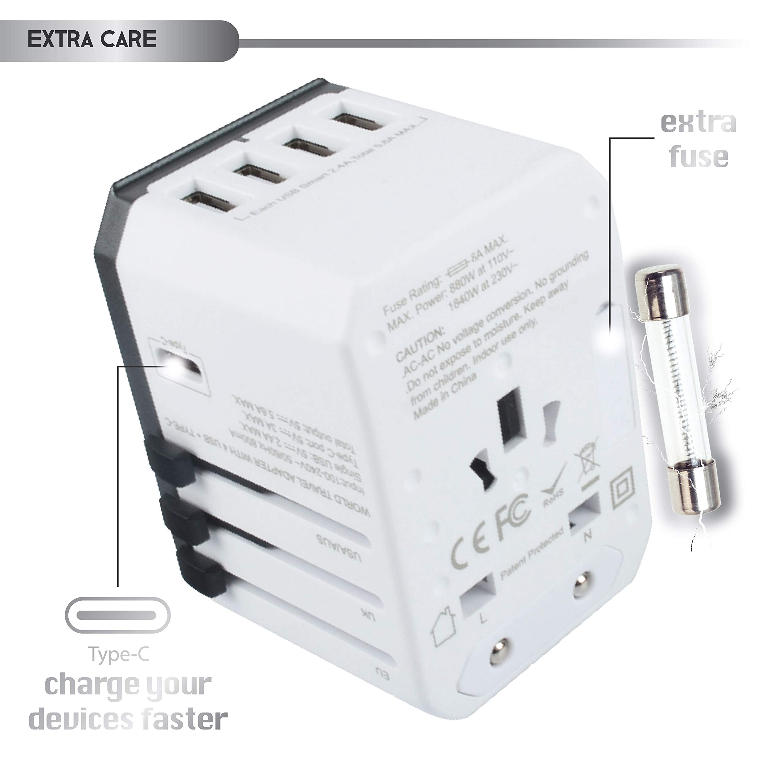 Power Plug Adapter - International Travel (w/5 USB Ports and USB Type C)- Work 150+ Countries - 220 Volt Adapter - Travel Adapter - Type C A G I A/C - UK Japan China EU Europe European