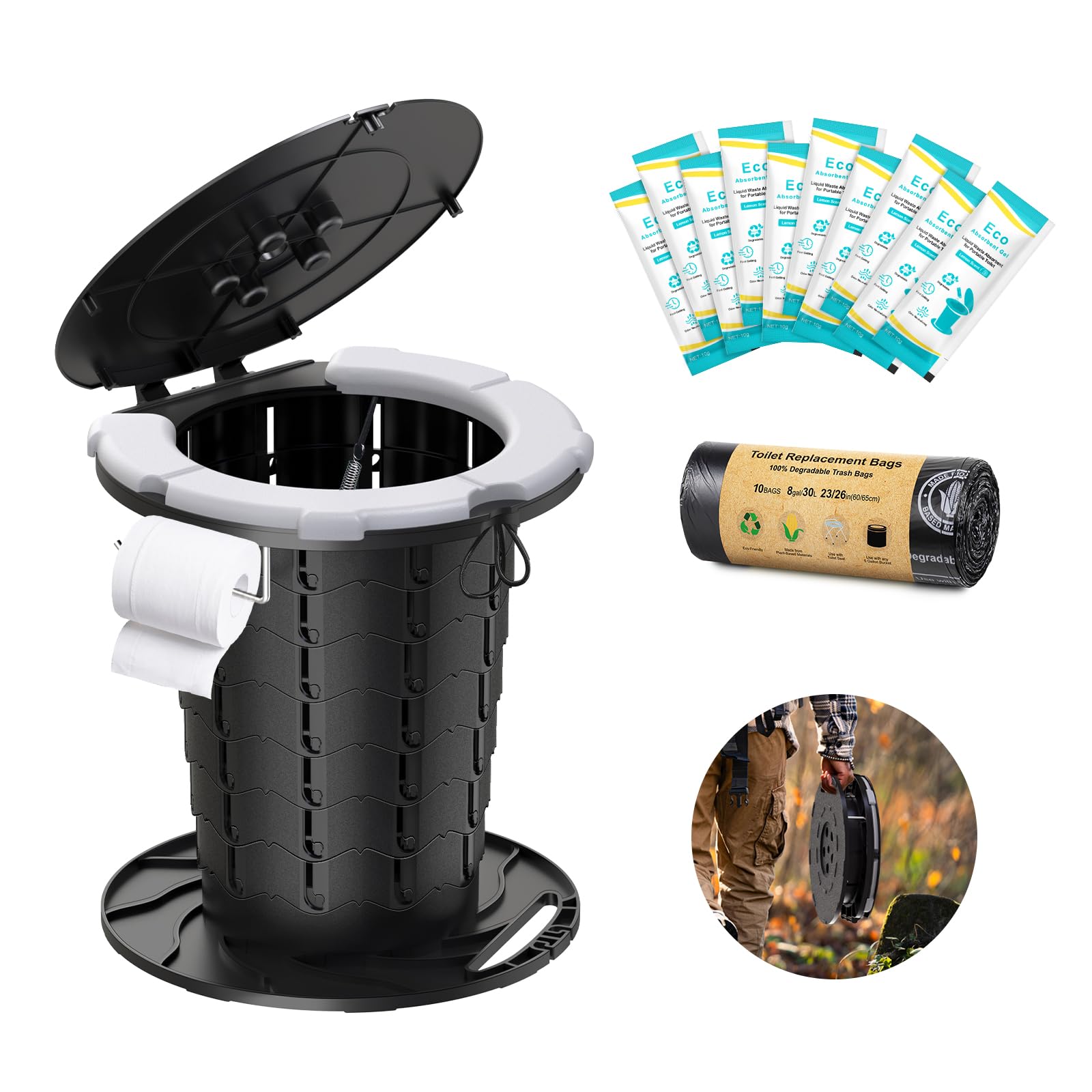 Photo 1 of BLIKA Upgraded Retractable Portable Toilet with Soft Cushioned Seat, 350LBS Foldable Camp Toilet for Adults & Kids, Compact Travel Toilet for Camping, Hiking, RV Travel, Road Trips