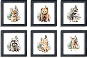 LUZHIQIANG Woodland Animal Nursery Wall Art Decor 8x8 Inch Set of 6 Safari Bear Deer Fox Raccoon Rabbit Wolf Children's Jungle Boys Girls Room Wood Framed Forest Animal Wall Hanging (Black)