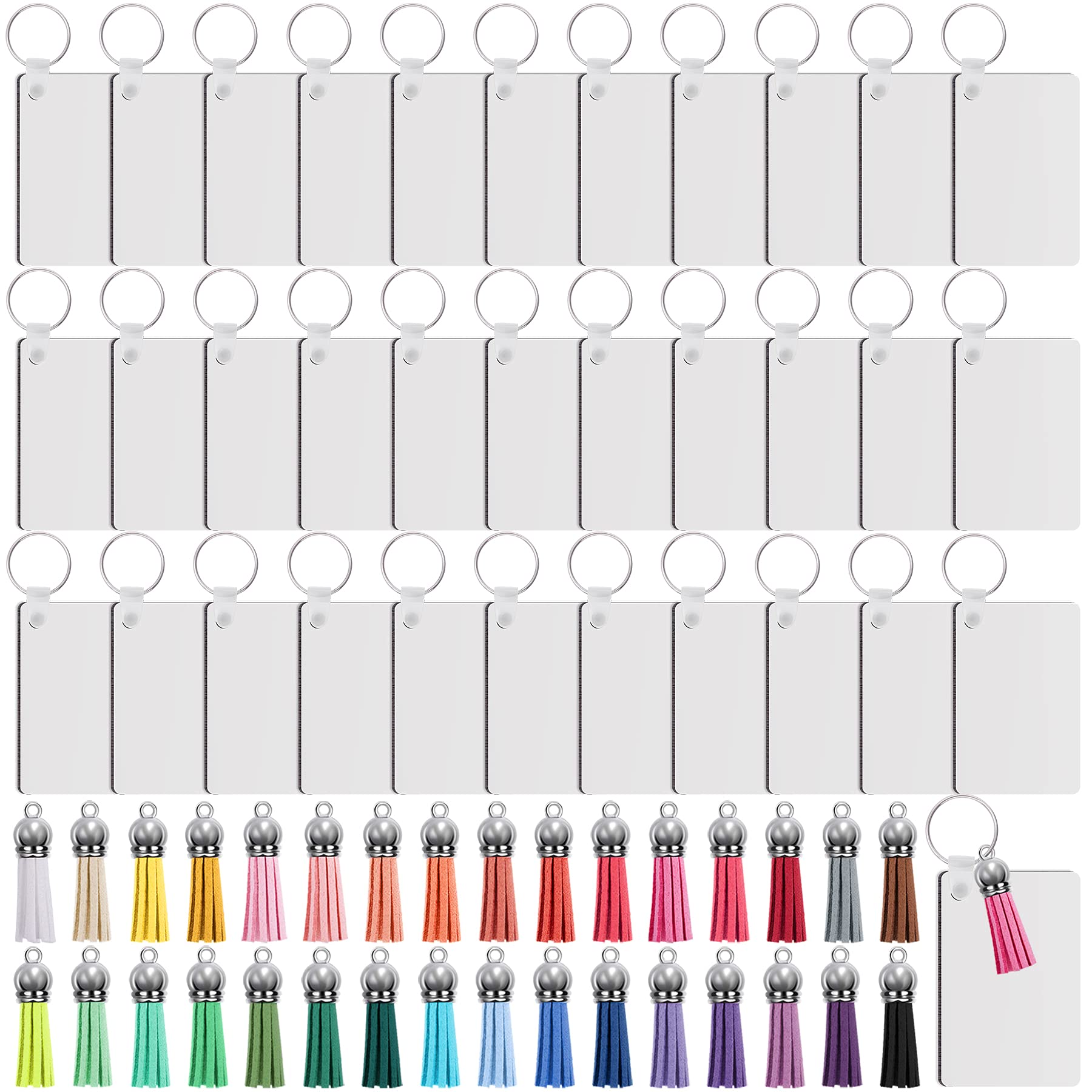 Duufin 96 Pieces Sublimation Keychain Blanks Rectangle Sublimation Ornament Bland Heat Transfer Blank Keychain Tassels with Key Rings MDF Blank Board for DIY Keychain and Craft, Double-Side Printed