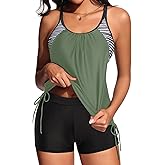 Holipick Blouson Tankini Swimsuits for Women - Two Piece Tummy Control Bathing Suit with Shorts Modest Swimwear