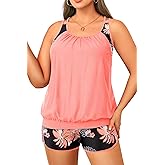 Plus Size Tankini Swimsuits Women - Blouson Two Piece Tummy Control Bathing Suit Criss Cross Tankini Top with Shorts