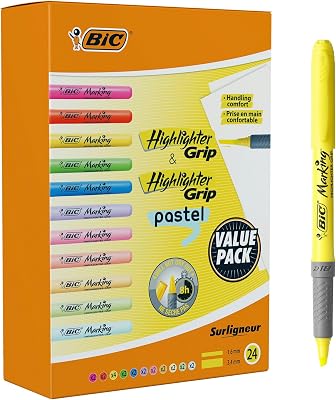 Marcadores de ponta de cinzel ajustável bic highlighter grip - cores em tons intensos e pastéis, pacote de 24
