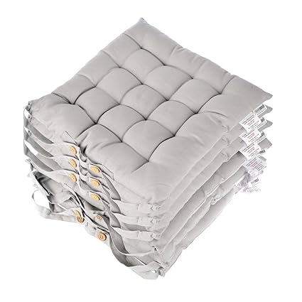 Homescapes Stuhlkissen 40x40 cm 6er Set grau Stuhlauflage mit Bändern und Knopfverschluss Bezug 100% Baumwolle mit Polyester 