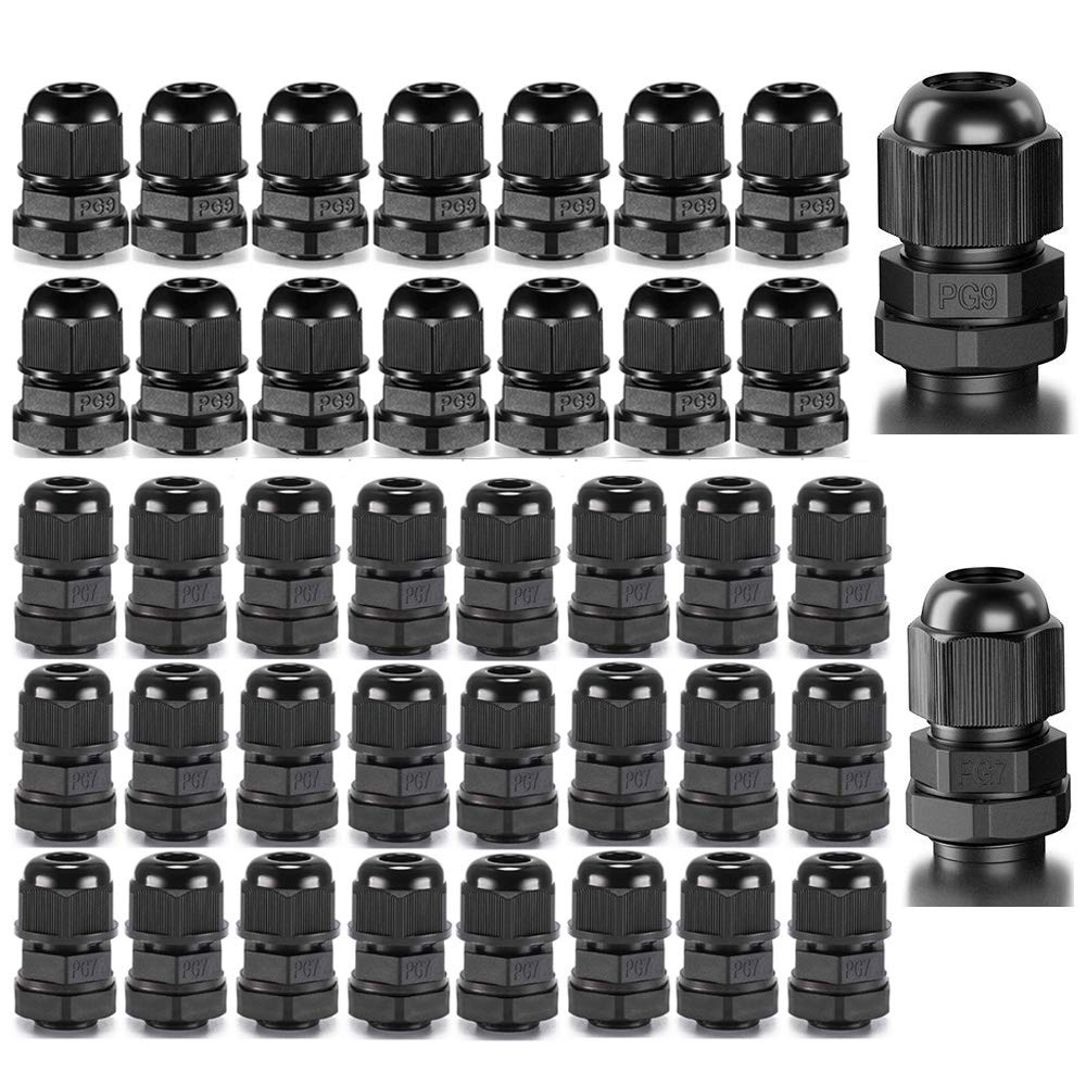 Gebildet 30pcs PG7 + 20pcs PG9 Cable Gland, Plastic IP68 Waterproof Adjustable 3-8mm Cable Gland Joint with Gaskets, M12 M16 Wire Connector, Wire Protector (Black)