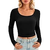 Yousify Womens Long Sleeve Shirts Square Neck Crop Tops Slim Fit Ribbed Knit Y2k Going Out Basic Tee Fall Workout Outfit