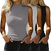 Riyiper 3 Pack Women's Sleeveless Mock Turtlenecks Shirts Lettuce Trim Ribbed Knit Slim Summer Casual Tank Tops Basic Tees