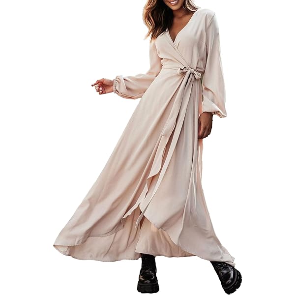 Amazon.com: TdvcpmkkWomen's V Neck Long Sleeve Tie Slit Maxi