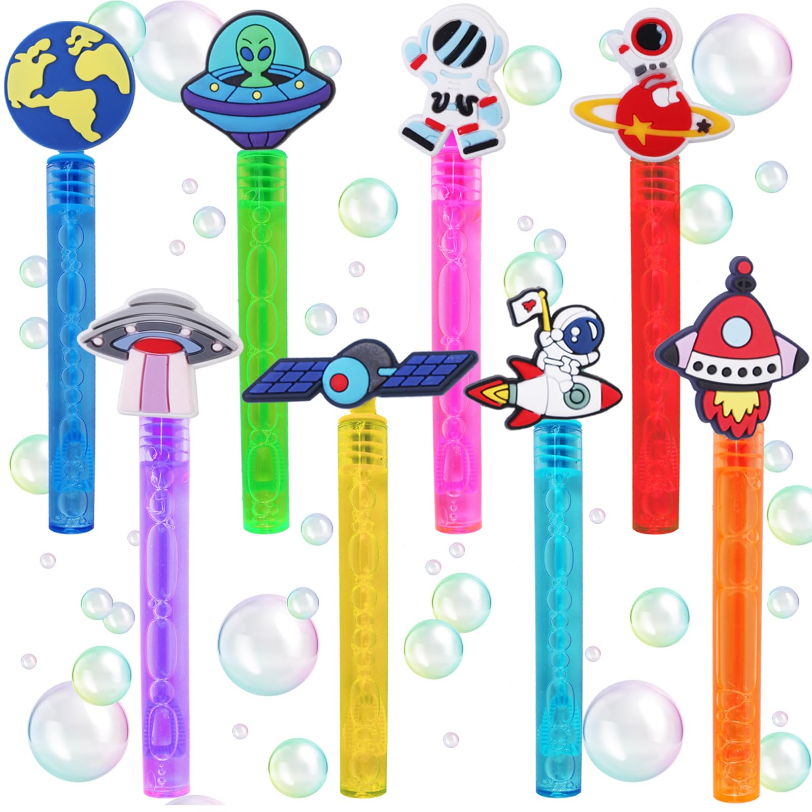 Photo 1 of 24Pieces Outer Space Bubble Wands(8 Style),Astronaut/Rocket/Planet Cute Bubble Wand Great for Glow Outer Space Birthday Party Supplies, Goodie Bags Stuffer Prizes Birthday Gift