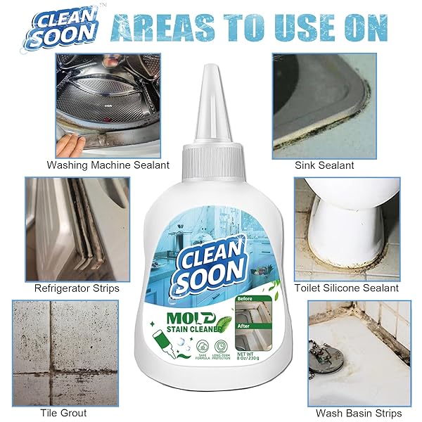 CLEAN SOON HOUSEHOLD MOLD REMOVAL GEL, 8 FL OZ FRONT LOAD WASHER MOLD REMOVAL, STAIN CLEANER FOR WASHING MACHINE, REFRIGERATOR STRIPS, SINK SEALANT, TILES, GREEN