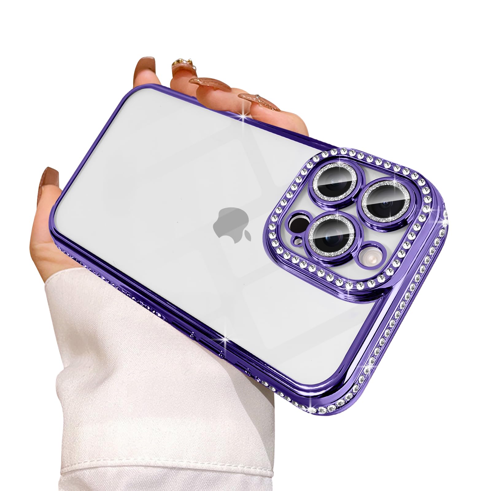 Reownest Clear for iPhone 16 Pro Max Case Cute Crystal Glitter Bling Women Girls Aesthetics Phone Cover with Sparkle Diamond Camera Len Protector -Purple