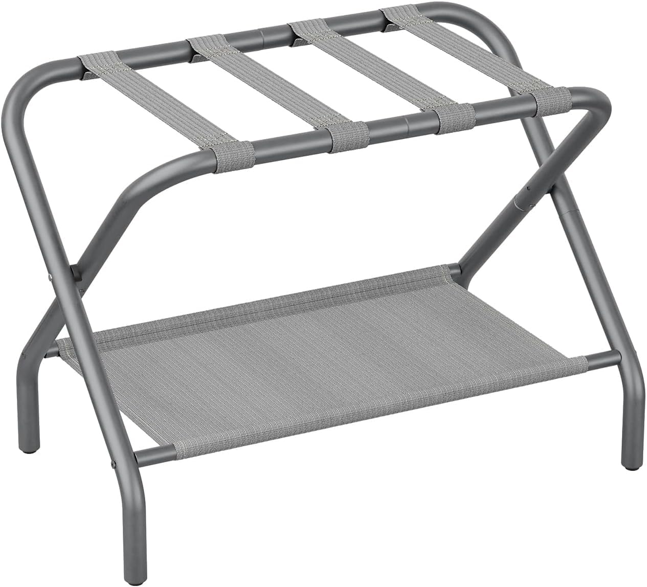 Photo 1 of Smart FENDEE Luggage Rack for Guest Room, Folding Suitcase Stand with Storage Shelf, Steel Portable Luggage Stand Bedroom, Hotel, Travel, Easy Assembly, Hold up to 110 lb,Grey