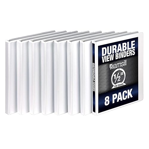 Samsill Durable .5 Inch Binder, Made in the USA, Round Ring Customizable Clear View Binder, White, 8 Pack (S88417)