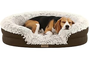 Miorun Fluffy Orthopedic Dog Bed for Small & Medium Dogs, Calming Plush Sofa Bed with Curved Bolster Support and Egg-Crate Foam Base, 35" Cozy Oval Pet Donut Bed with Washable Cover, Coffee