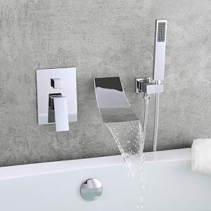 KunMai Waterfall Wall-Mount Tub Faucet with Handheld Shower,Chrome Waterfall Spout Bathtub Faucet with Hand Shower Solid Brass Wall Mount Tub Filler Faucet for Bathroom