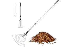 MEKEET Garden Rake for Leaves, Metal Adjustable Leaf Rake for Lawns, Length 37"-53", Adjustable Expandable Head 8"-15", Garden Tools for Lawn Garden Yard Flowers Beds Bush