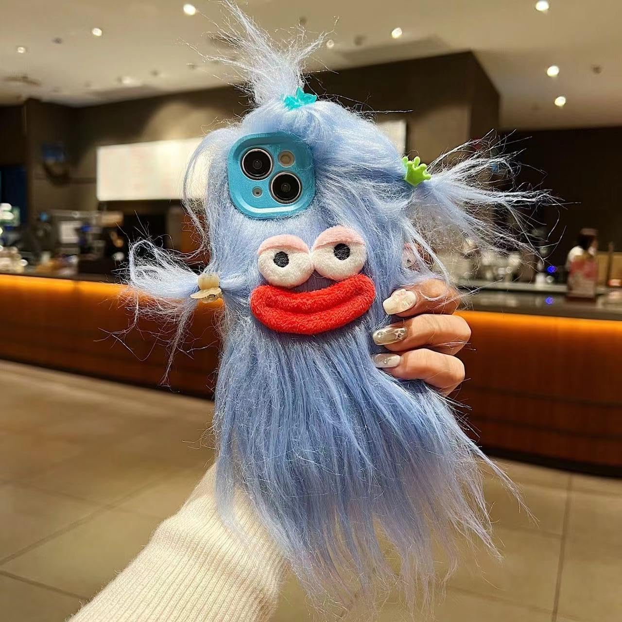 Pretaco for iPhone 13 Case Blue Phone Cases | Funny and Silly, Weird Furry, DIY Long Hair, with Hairclip, Ugly Phone Case, Swap Challenge Gifts with Friends