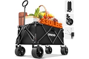 SYOCYO Collapsible Wagon with Big Wheels, Beach Wagons Carts Foldable with All-Terrain Wheels, Large Weight Capacity Heavy Duty Carts with Cup Holders for Camping, Garden, Sports, Grocery, Carbon Black