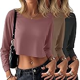 Neer 3 Pack Women's Cropped Long Sleeve Tops, Scoop Neck Loose Fit Sweatshirt Drop Shoulder Casual Basic Crop Tees