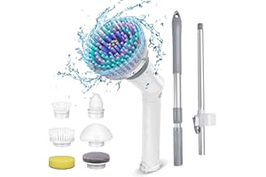 Qimedo Handheld Spin Scrubber with Extended Long Handle, Rechargeable Electric Scrubber for Cleaning, Cordless Power Dish Scrubber with 6 Brushes for Bathtub Grout Tile Floor