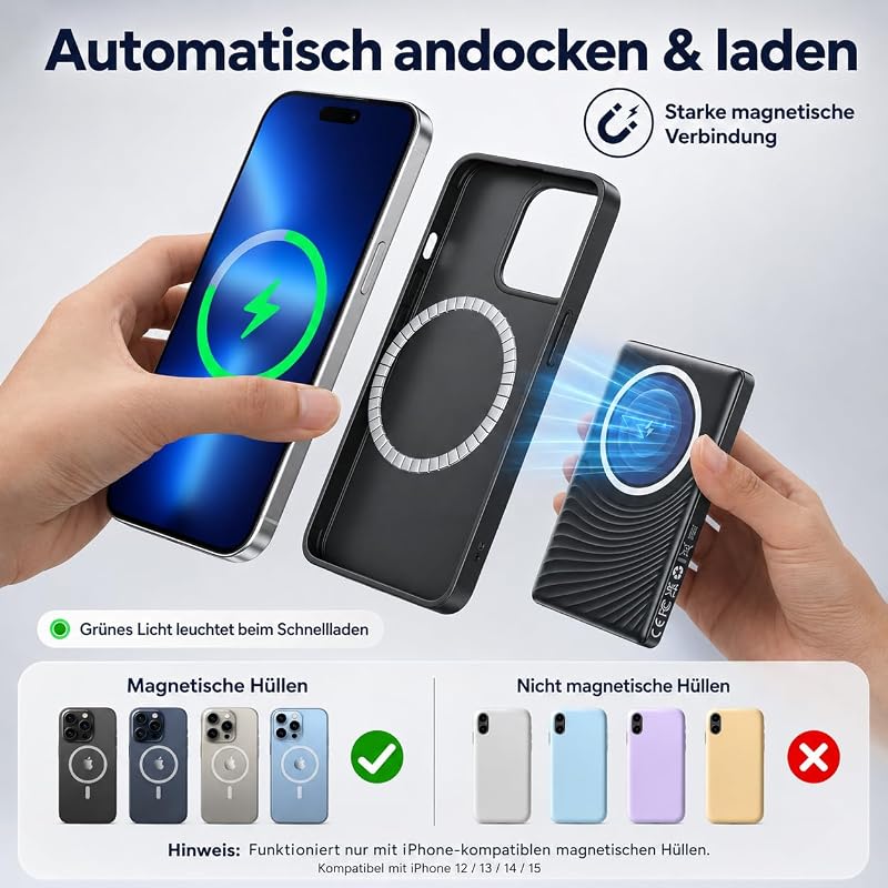 Ultra Slim iPhone Powerbank für Magsafe, Ntaanoo Magnetische Power Bank Induktives Laden 5000mAh, 20W Schnellladung Wireless Externe Handyakkus Kabelloses Akkupack für iPhone 17/16/15/14/13/12 Schwarz