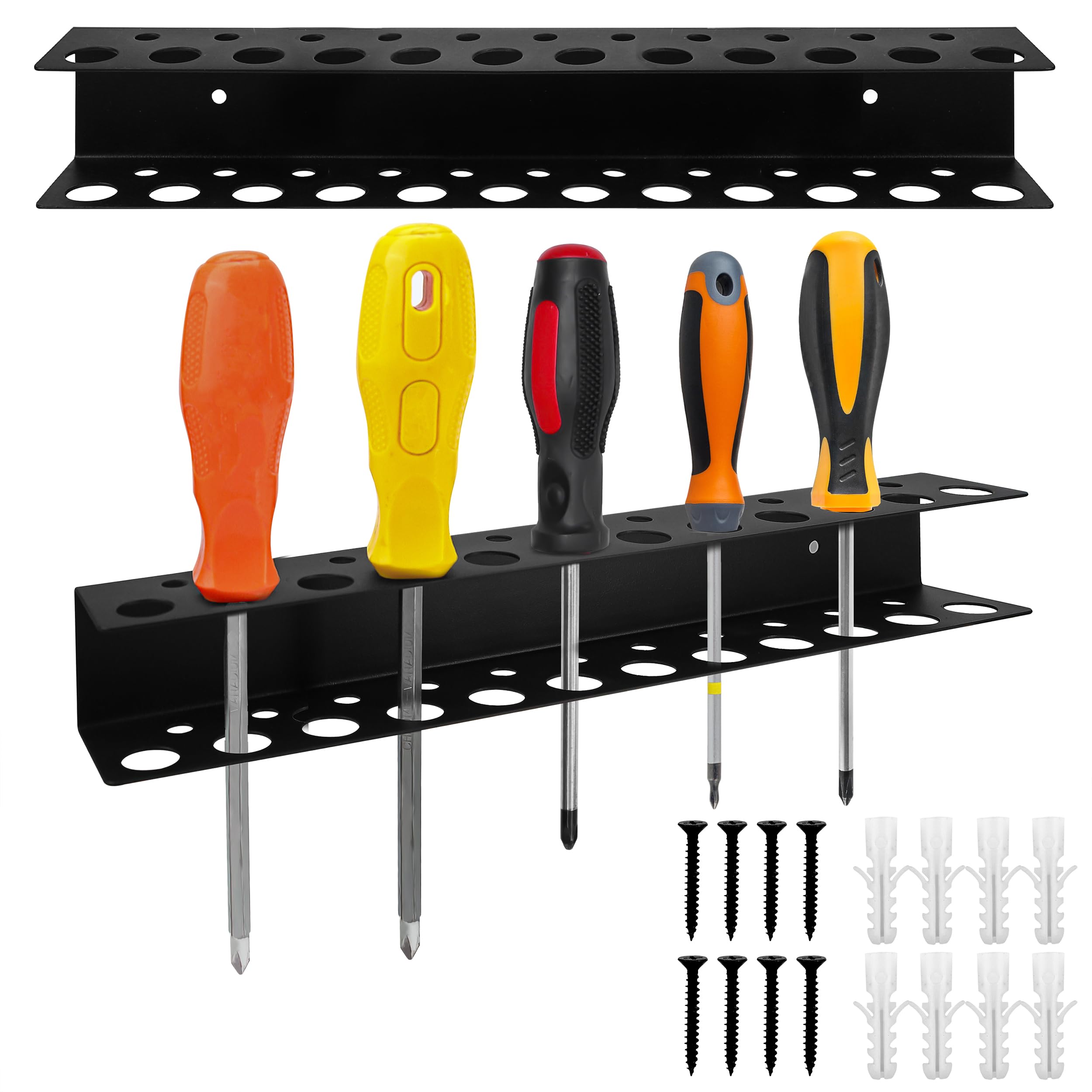 Photo 1 of Screwdriver Holder Wall Mount with 23 Holes, 12.6" Long, Heavy Duty Hand Tool Box Organizer Holders Rack Storage Peg Board for Screw Driver Pliers for Garage Workshop Shed (No Screwdriver Included)