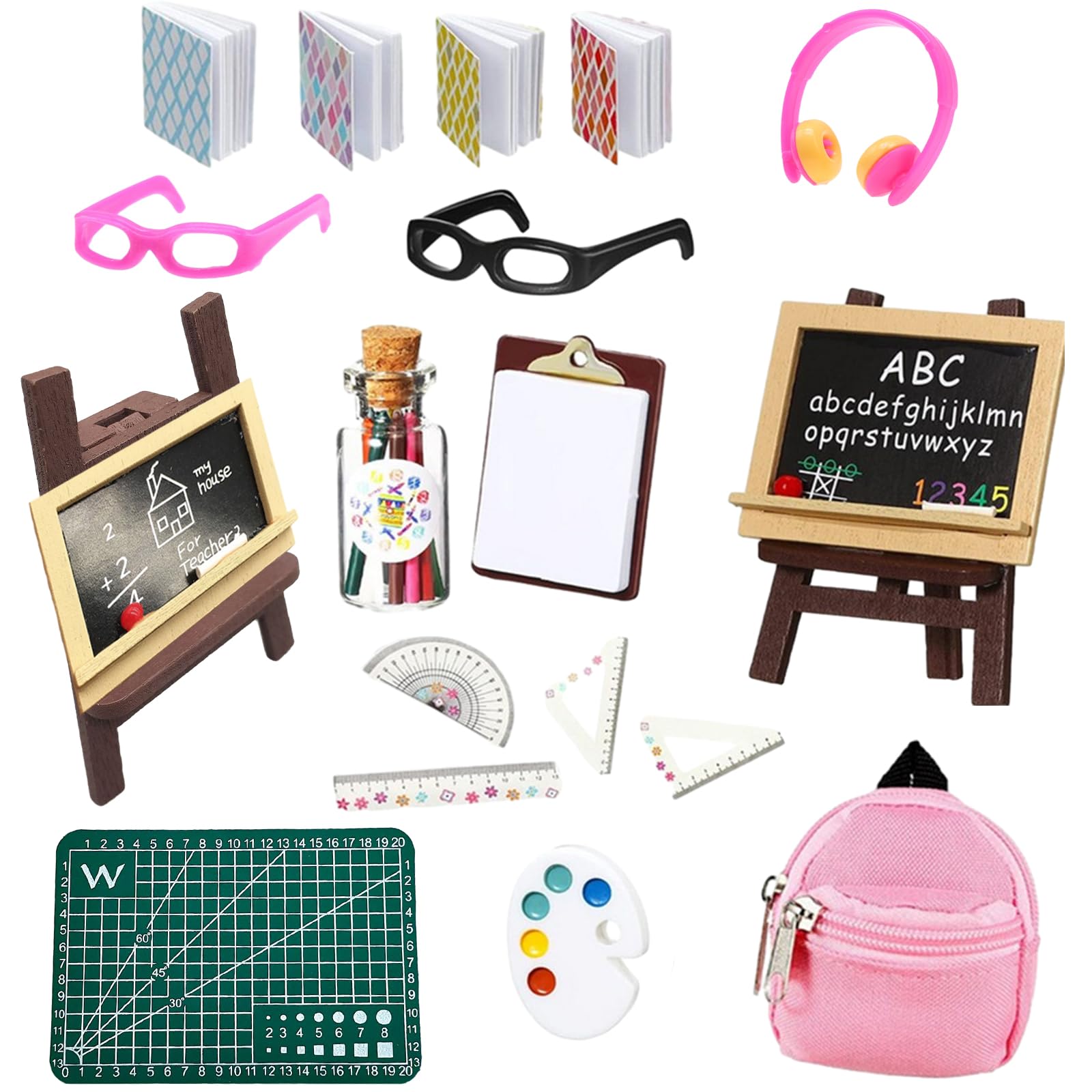 DALAETUS 27 Pcs School Supplies Set, Mini 1:12 Scale Doll School Supplies Include 11 Kind of Dollhouse Accessories for Girls Gift,Decorations,Doll Accessories, Pink/Black, no