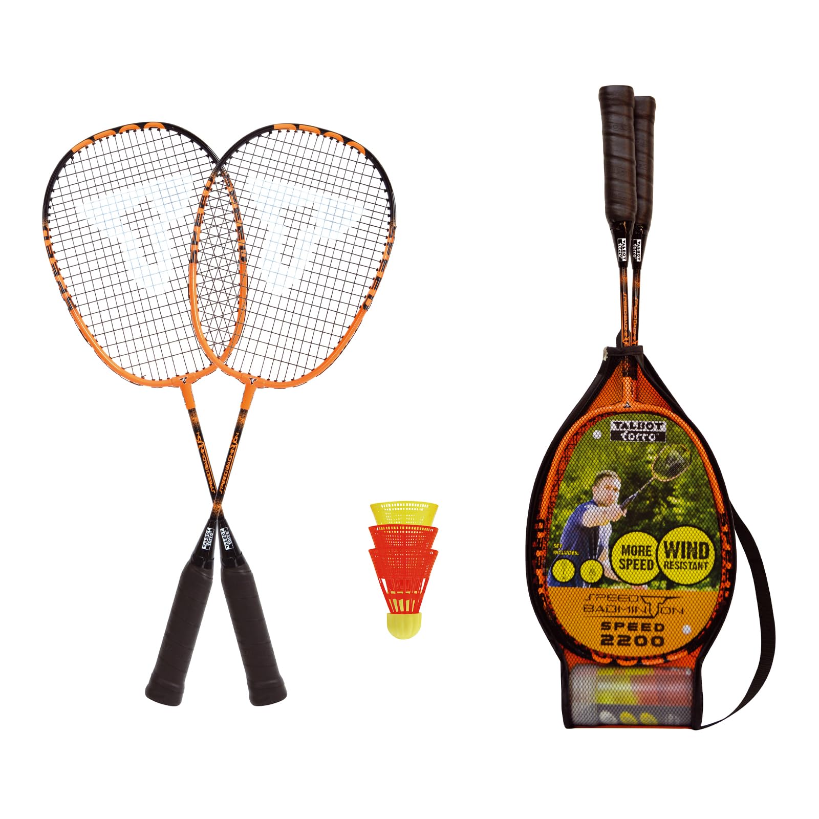 Talbot-Torro Speed 2200 Speed Badminton ​Set, 2 Lightweight Rackets, 2 Wind Resistant Shuttlecocks, in a 3/4 Bag, Also for Kids, Black/Orange, 490112