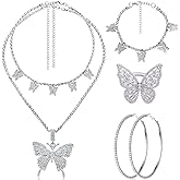 Bonuci 4 Pcs Butterfly Jewelry Set Butterfly Pendant Necklace Hoop Earrings Bracelet Ring Set for Women Prom Dance Party(Silver)
