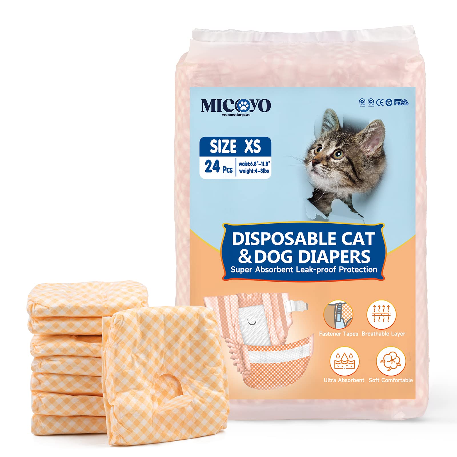MICOOYO Puppy Cat Nappies Disposable, Super Absorbent Cat Diapers, Small Dog Nappies Female, Adjustable Waist, Leak-Proof Diapers for Cats in Heat, Incontinence, 24 Pcs (Orange, XS)