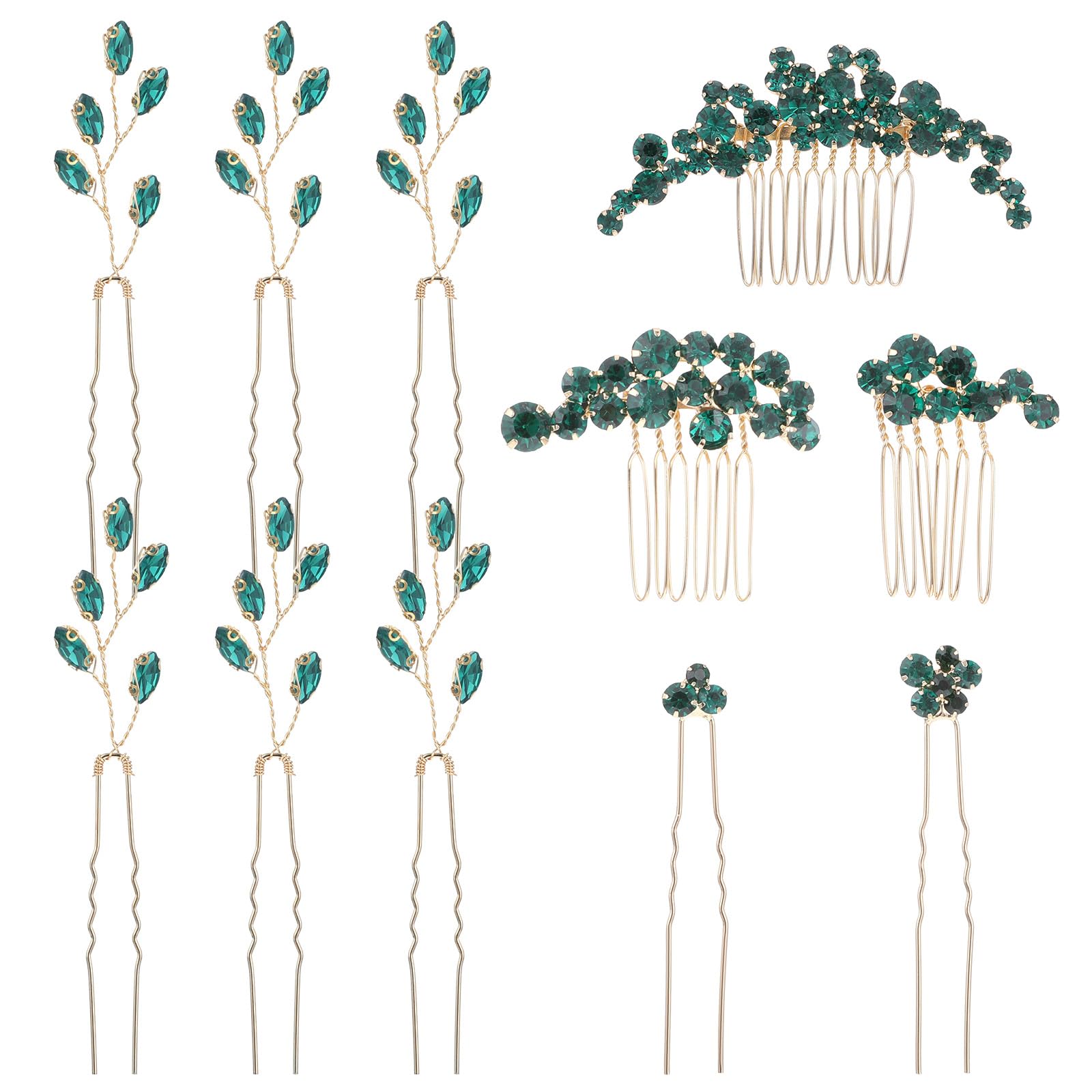 11 Pcs Vintage Emerald Green Headpieces Crystal Wedding Hair Pins Bridal Hair Piece U-shaped Side Combs Rhinestone Accessories for Brides Women Girls