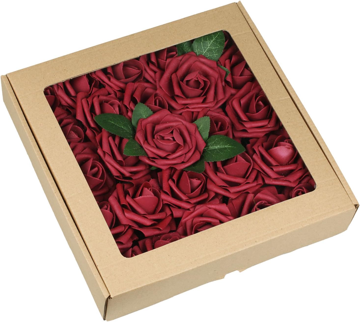 JunMu 25pcs Burgundy Real Looking Fake Roses Artificial Real Touch Roses Flowers With Stems & Leaves for DIY Wedding Bouquets Centerpieces Birthday Party Decor
