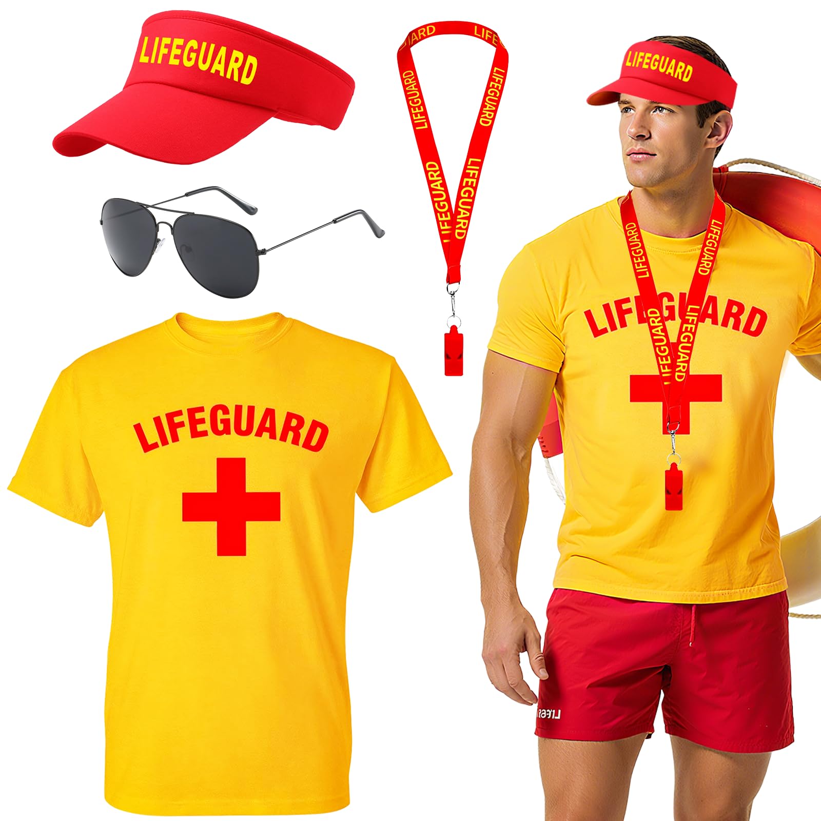 Glirop Life Guard Costume Set, Lifeguard Fancy Dress Include T-shirt Hat Whistle Sunglasses Beach Costume Acccessories for Women Men Pool Party Halloween Cosplay (Style A, 2XL)