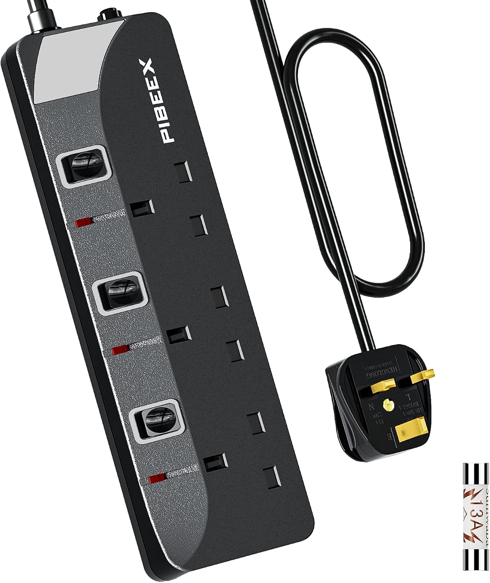 PIBEEX 3 Way Extension Lead 1.5M UK Plug Sockets with Individual Switches