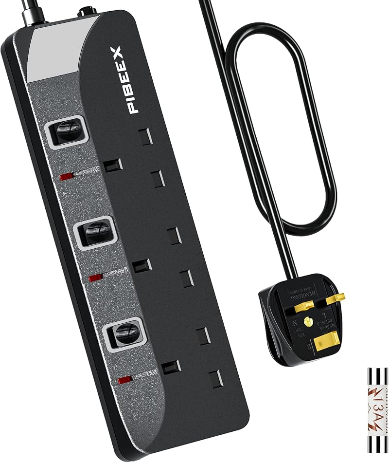 PIBEEX 3 Way Extension Lead 1.5M UK Plug Sockets with Individual Switches