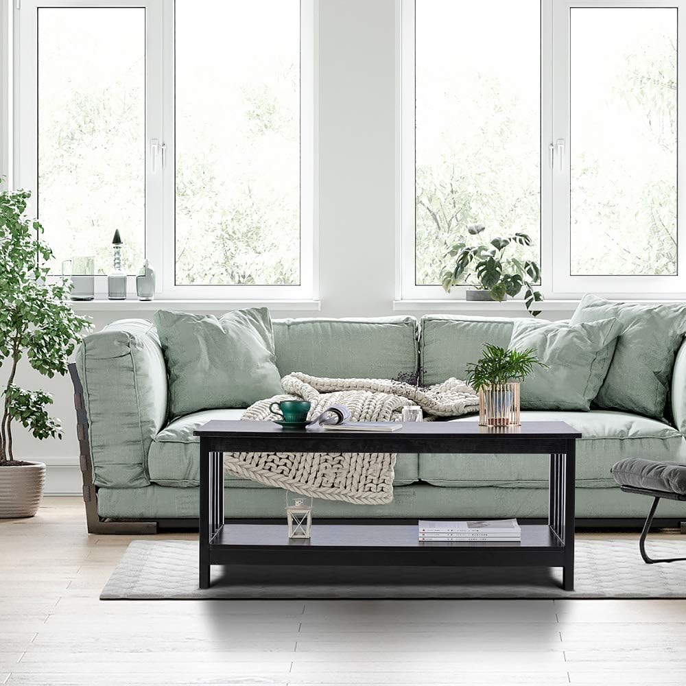 ChooChoo Black Wood Coffee Table for Living Room, Rectangle Mission Coffee Table with Shelf, 40 Inch, Easy Assembly: Kitchen & Dining