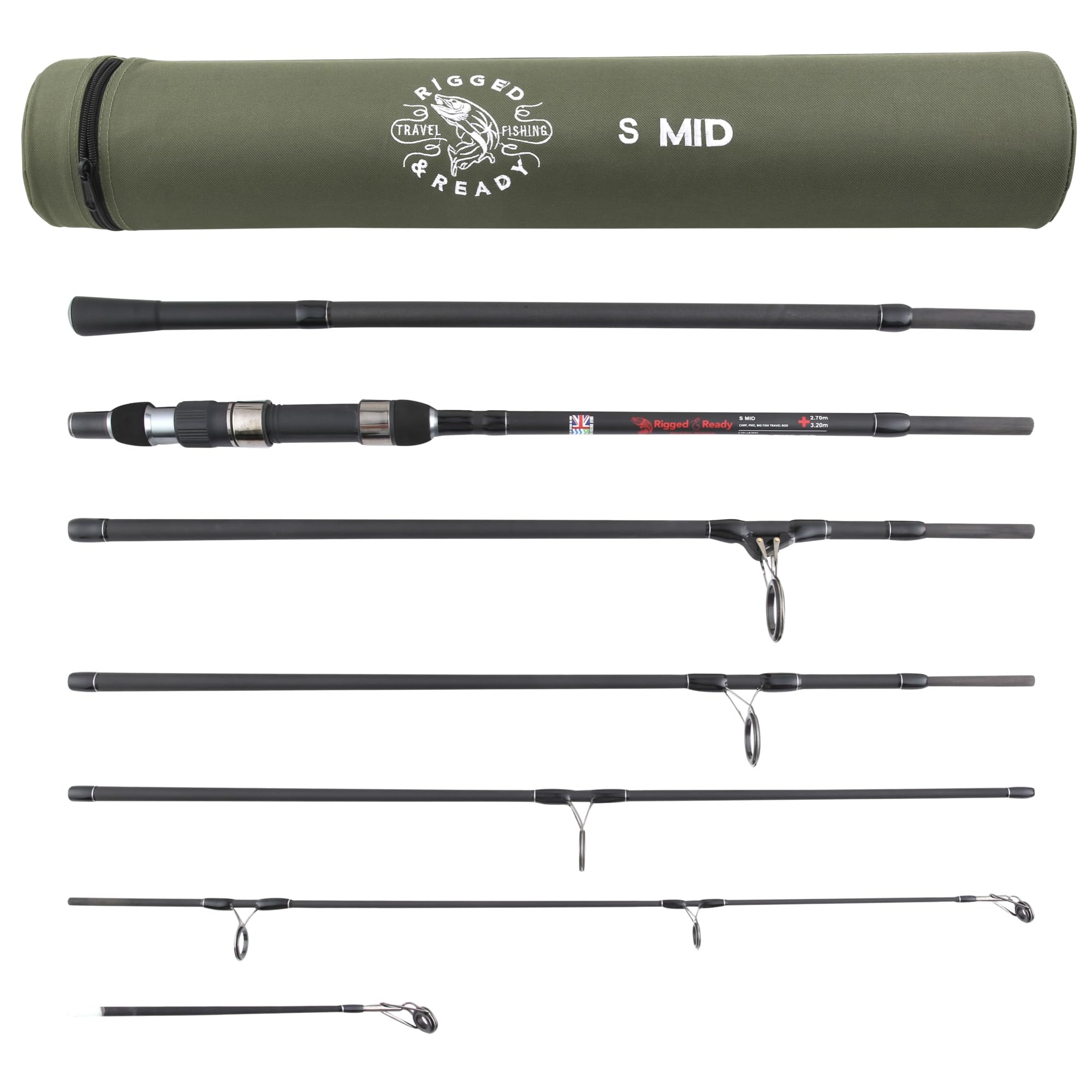 RIGGED AND READY S MID Carp Big Fish Hi-Carbon Travel Fishing Rod. Powerful Predator, Carp, Light Sea and freshwater angling + 2 tips + Case. 320 cm (10.5') and 270 cm (8.85') rod options