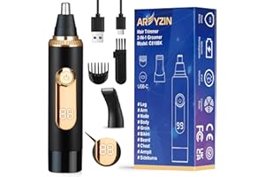AREYZIN Ear and Nose Hair Trimmer for Men Women with LED Display, 2 in 1 Painless USB Rechargeable Nose Trimmer Clipper Eyebrow & Facial Hair Remover, 13,000 RPM,Dual Edge Blades,Waterproof,Black Gold