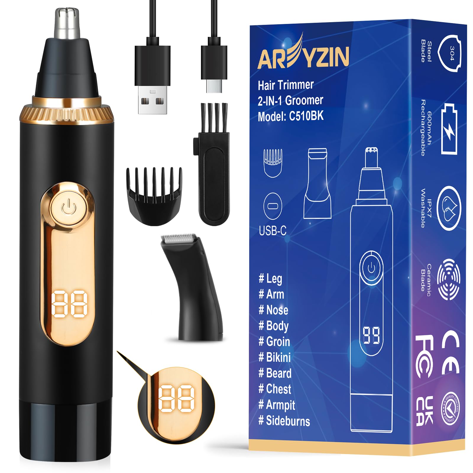 Photo 1 of Ear and Nose Hair Trimmer for Men Women with LED Display, 2 in 1 Painless USB Rechargeable Nose Trimmer Clipper Eyebrow & Facial Hair Remover, 13,000 RPM,Dual Edge Blades,Waterproof,Black Gold