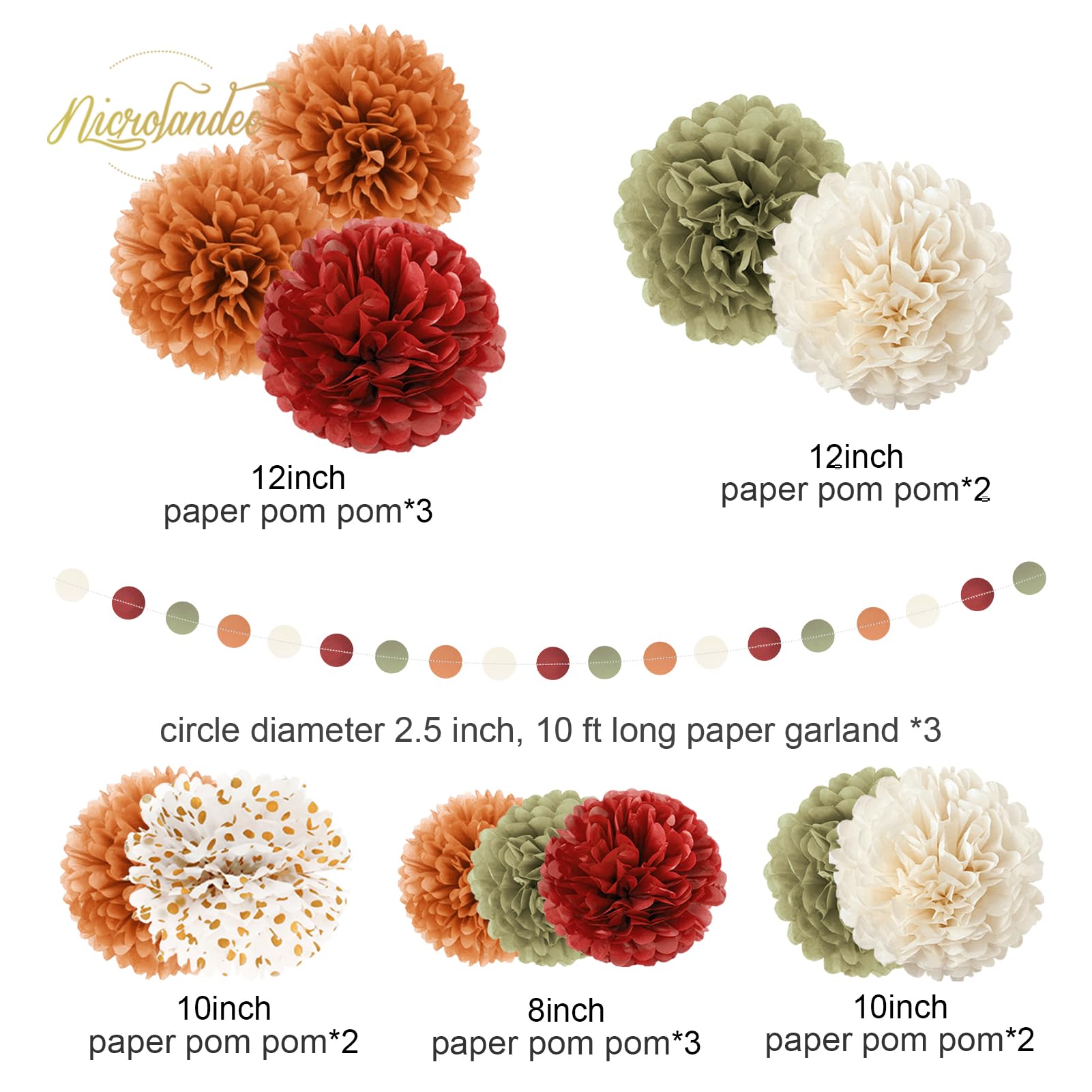 NICROLANDEE Fall Wedding Decorations - 15 PCS Pumpkin Orange Sage Green Ivory Tissue Pom Poms Decor, Dots Paper Garland for Thanksgiving, Baby Shower, Autumn Harvest Party Supplies