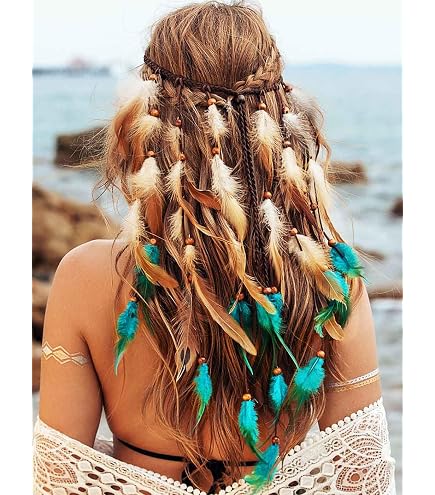 Boho Feather Headband for Women Gypsy Headpiece Cotton Polyester Adjustable GORTIN Boho Feather Headband - Red/Brown Gypsy Costume  main image 2
